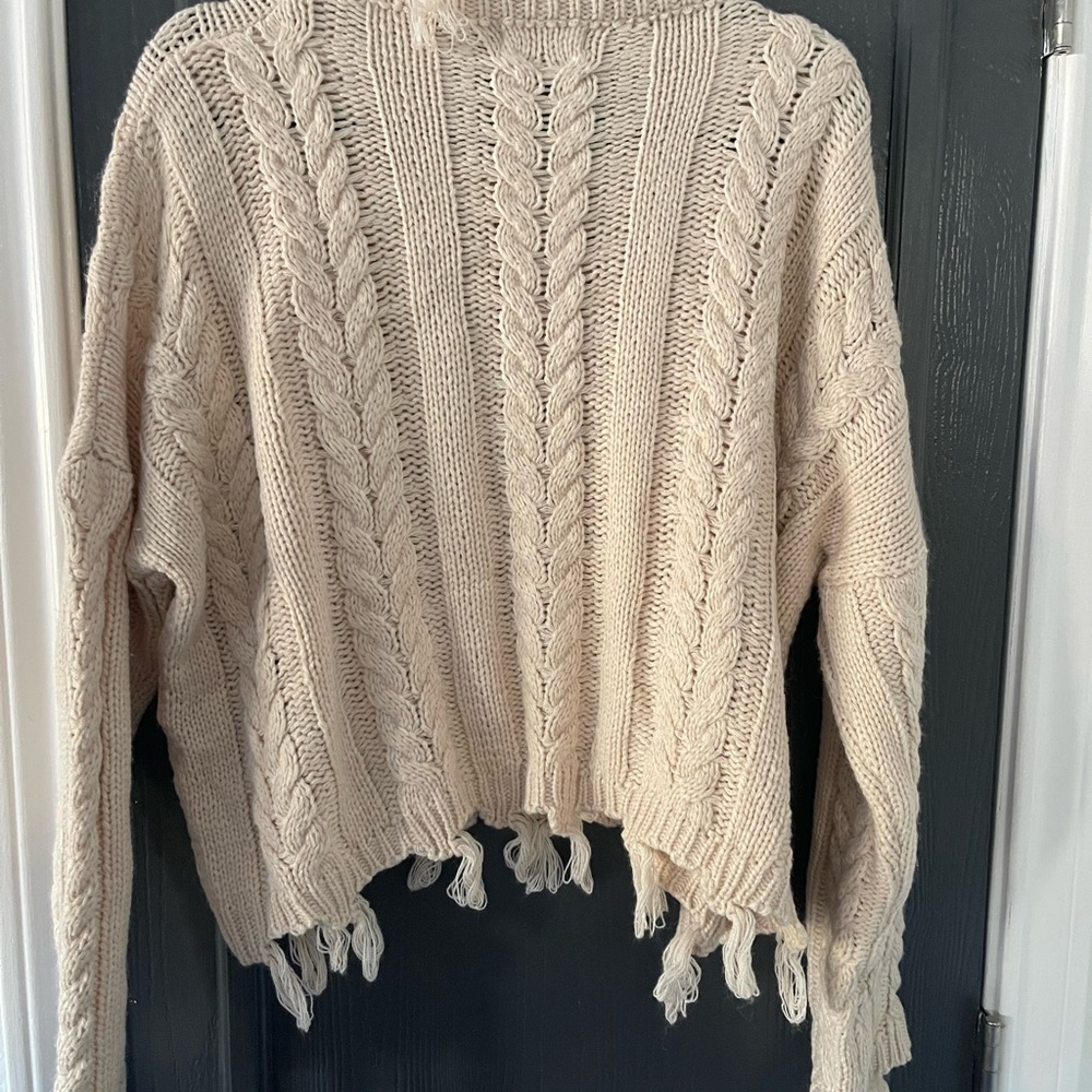 Altar'd State Cream Fringe Cable Knit Sweater
